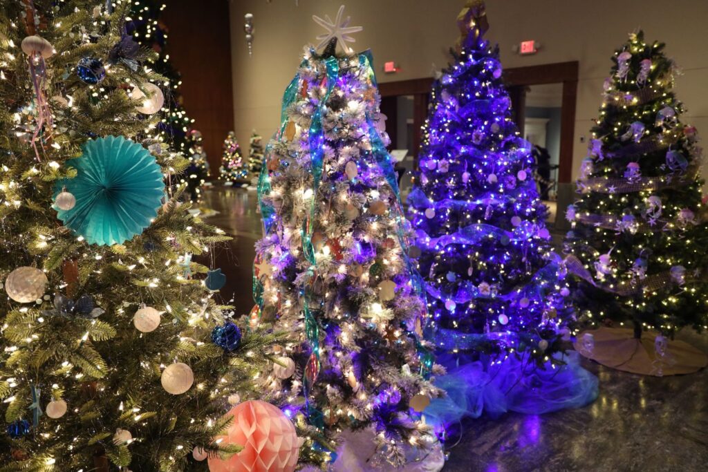 Christmas trees with lights in a row in a room