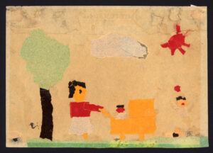 Child's drawing of a person pushing a stroller