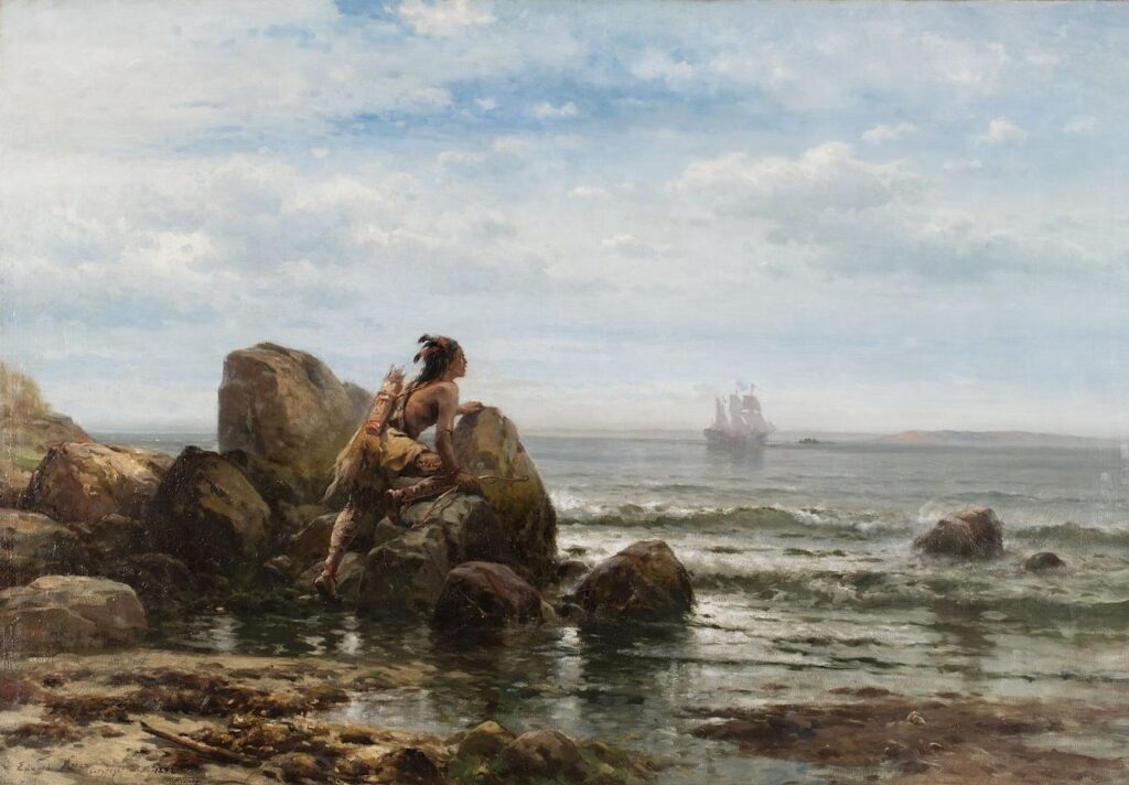Painting depicting an indigenous man looking out over a body of water with a ship on the horizon