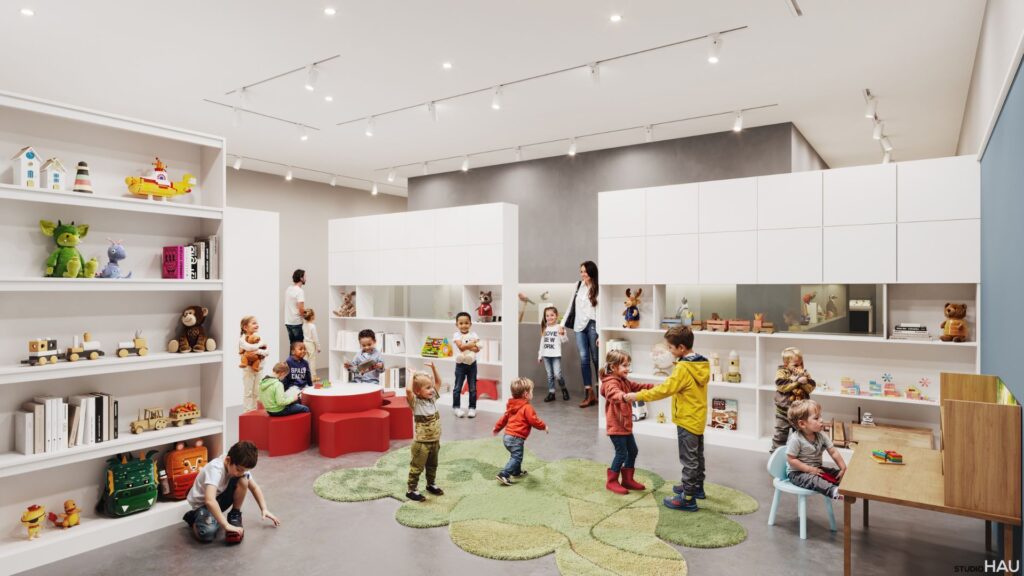 A rendering of a room with kids playing in it.